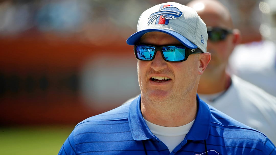 Aug 21, 2021; Chicago, Illinois, USA; Buffalo Bills assistant special teams coach Matthew Smiley on the sideline during the first half against the Chicago Bears at Soldier Field. The Buffalo Bills won 41-15. Mandatory Credit: Jon Durr-Imagn Images