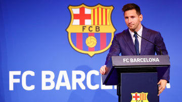 Lionel Messi en la conferencia de prensa donde se anunciaba su salida del FC Barcelona
