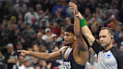 Penn State's Carter Starocci celebrates after winning his fifth national title at the 2025 NCAA Wrestling Championships.
