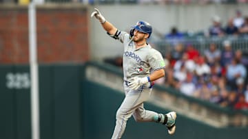 Sep 7, 2024; Atlanta, Georgia, USA; Toronto Blue Jays second baseman Spencer Horwitz (48) celebrates after a home run against the Atlanta Braves in the second inning at Truist Park. Mandatory Credit: Brett Davis-Imagn Images