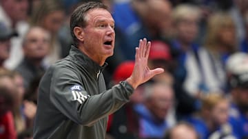 Oct 28, 2025; Lawrence, KS, USA; Kansas Jayhawks head coach Bill Self reacts during the first half against the Fort Hays State Tigers at Allen Fieldhouse. Mandatory Credit: Jay Biggerstaff-Imagn Images