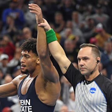 Penn State's Carter Starocci celebrate his win over Parker Keckeisen of Northern Iowa at te 2025 NCAA Wrestling Championships. 