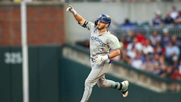 Sep 7, 2024; Atlanta, Georgia, USA; Toronto Blue Jays second baseman Spencer Horwitz (48) celebrates after a home run against the Atlanta Braves in the second inning at Truist Park. Mandatory Credit: Brett Davis-Imagn Images