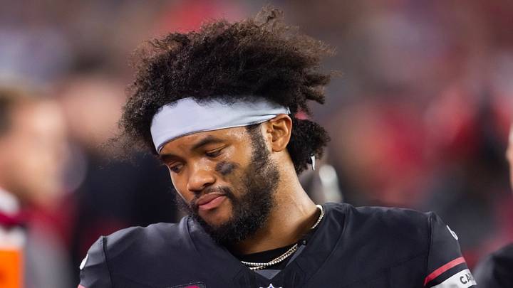 Oct 21, 2024; Glendale, Arizona, USA; Arizona Cardinals quarterback Kyler Murray (1) reacts against the Los Angeles Chargers at State Farm Stadium. Mandatory Credit: Mark J. Rebilas-Imagn Images