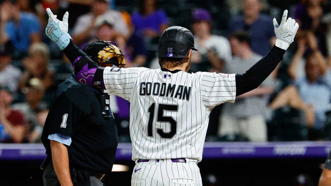 Colorado Rockies catcher Hunter Goodman (15) gestures as he rounds the bases on a solo home run. Colorado Rockies catcher Hunter Goodman (15) gestures as he rounds the bases on a solo home run.