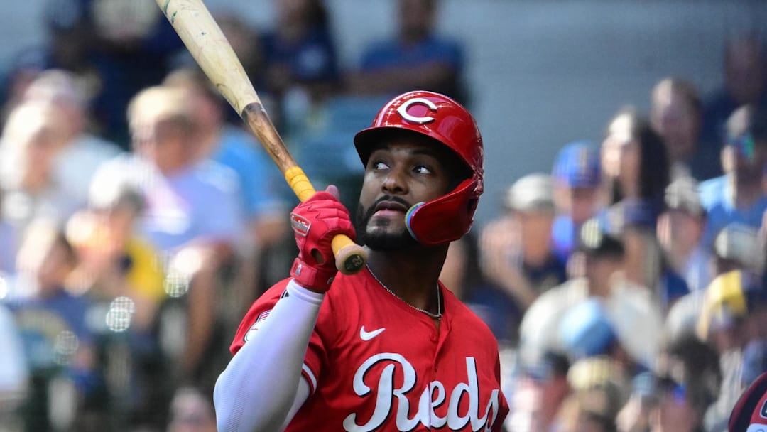 Sep 28, 2025; Milwaukee, Wisconsin, USA; Cincinnati Reds designated hitter Miguel Andujar (38) reacts after striking out in the first inning against the Milwaukee Brewers at American Family Field. Mandatory Credit: Benny Sieu-Imagn Images