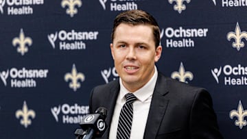Feb 13, 2025; New Orleans, LA, USA;  New Orleans Saints introduce Kellen Moore as the head coach and he addresses the media at Ochsner Sports Performance Center. Mandatory Credit: Stephen Lew-Imagn Images