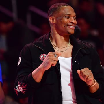 Apr 10, 2024; Los Angeles, California, USA; Los Angeles Clippers guard Russell Westbrook (0) dances during a stoppage in play in the second half at Crypto.com Arena. Mandatory Credit: Gary A. Vasquez-USA TODAY Sports