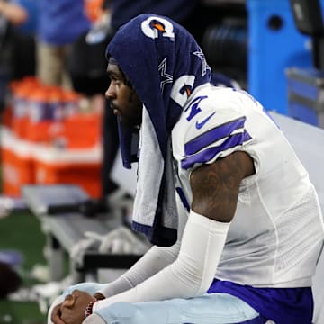 Dallas Cowboys cornerback Trevon Diggs sits on the bench after being defeated by the San Francisco 49ers.