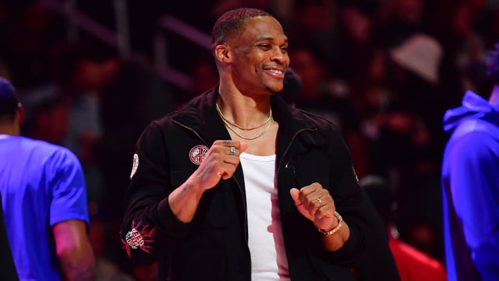 Apr 10, 2024; Los Angeles, California, USA; Los Angeles Clippers guard Russell Westbrook (0) dances during a stoppage in play in the second half at Crypto.com Arena. 