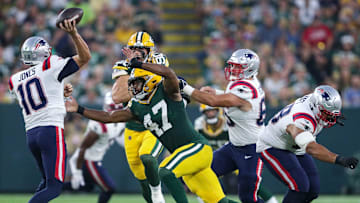 Green Bay Packers linebacker Justin Hollins (47) rushes New England Patriots quarterback Mac Jones (10) during their preseason football game Saturday, August 19, 2023, at Lambeau Field in Green Bay, Wis.
Tork Mason/USA TODAY NETWORK-Wisconsin