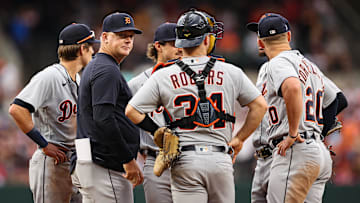 Apr 23, 2023; Baltimore, Maryland, USA; Detroit Tigers manager A.J. Hinch (14) looks back at the Baltimore Orioles dugout during a visit to the pitching mound during the eighth inning at Oriole Park at Camden Yrds. Mandatory Credit: Scott Taetsch-Imagn Images