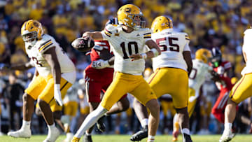 Oct 18, 2025; Tempe, Arizona, USA; Arizona State Sun Devils quarterback Sam Leavitt (10) against the Texas Tech Red Raiders in the second half at Mountain America Stadium. Mandatory Credit: Mark J. Rebilas-Imagn Images
