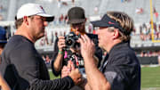 Mississippi State Bulldogs head coach Jeff Lebby and Georgia Bulldogs head coach Kirby Smart meet on the field after the game at Davis Wade Stadium at Scott Field.