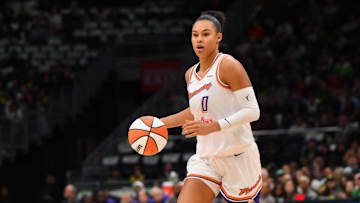 May 23, 2025; Seattle, Washington, USA; Phoenix Mercury forward Satou Sabally (0) during the second half against the Seattle Storm at Climate Pledge Arena. Mandatory Credit: Steven Bisig-Imagn Images