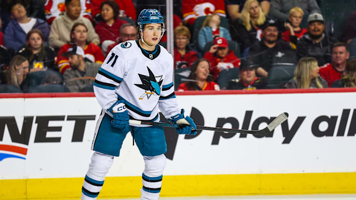 Apr 13, 2025; Calgary, Alberta, CAN; San Jose Sharks center Macklin Celebrini (71) skates against the Calgary Flames during the third period at Scotiabank Saddledome. Mandatory Credit: Sergei Belski-Imagn Images
