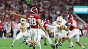 Oct 18, 2025; Tuscaloosa, Alabama, USA; Alabama Crimson Tide punter Blake Doud (38) punts the ball in the second quarter against the Tennessee Volunteers at Saban Field at Bryant-Denny Stadium. Mandatory Credit: David Leong-Imagn Images
