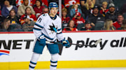 Apr 13, 2025; Calgary, Alberta, CAN; San Jose Sharks center Macklin Celebrini (71) skates against the Calgary Flames during the third period at Scotiabank Saddledome. Mandatory Credit: Sergei Belski-Imagn Images