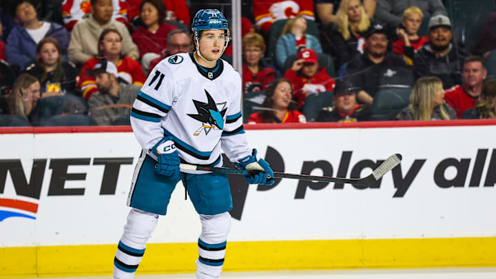 Apr 13, 2025; Calgary, Alberta, CAN; San Jose Sharks center Macklin Celebrini (71) skates against the Calgary Flames during the third period at Scotiabank Saddledome. Mandatory Credit: Sergei Belski-Imagn Images Apr 13, 2025; Calgary, Alberta, CAN; San Jose Sharks center Macklin Celebrini (71) skates against the Calgary Flames during the third period at Scotiabank Saddledome. Mandatory Credit: Sergei Belski-Imagn Images