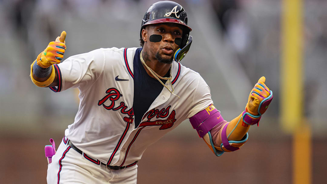 Jun 18, 2025; Cumberland, Georgia, USA; Atlanta Braves right fielder Ronald Acuna Jr (13) reacts after hitting a lead-off home run against the New York Mets during the first inning at Truist Park. Mandatory Credit: Dale Zanine-Imagn Images Jun 18, 2025; Cumberland, Georgia, USA; Atlanta Braves right fielder Ronald Acuna Jr (13) reacts after hitting a lead-off home run against the New York Mets during the first inning at Truist Park. Mandatory Credit: Dale Zanine-Imagn Images