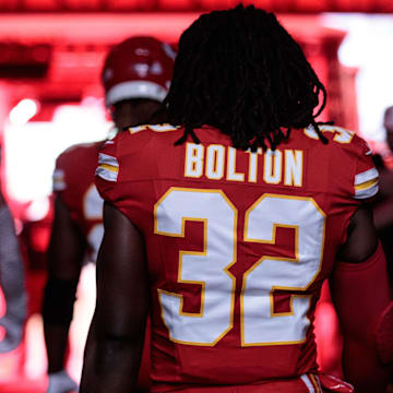 Oct 12, 2023; Kansas City, Missouri, USA;  Kansas City Chiefs linebacker Nick Bolton (32) enters the field prior to the game against the Denver Broncos at GEHA Field at Arrowhead Stadium. Mandatory Credit: William Purnell-USA TODAY Sports