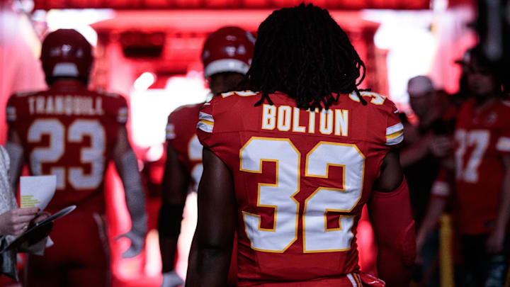 Oct 12, 2023; Kansas City, Missouri, USA;  Kansas City Chiefs linebacker Nick Bolton (32) enters the field prior to the game against the Denver Broncos at GEHA Field at Arrowhead Stadium. Mandatory Credit: William Purnell-USA TODAY Sports