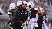 Mississippi State Bulldogs head coach Jeff Lebby reacts during the first quarter of the game against the Eastern Kentucky Colonels at Davis Wade Stadium at Scott Field.