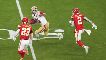 Feb 11, 2024; Paradise, Nevada, USA;  San Francisco 49ers tight end George Kittle (85) runs with the
