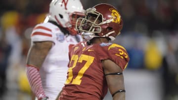 Dec 27, 2014; San Diego, CA, USA; Southern California Trojans receiver Adorre Jackson (2) celebrates after scoring on a 71-yard touchdown reception in the third quarter against the Nebraska Cornhuskers in the 2014 Holiday Bowl at Qualcomm Stadium. Mandatory Credit: Kirby Lee-USA TODAY Sports

