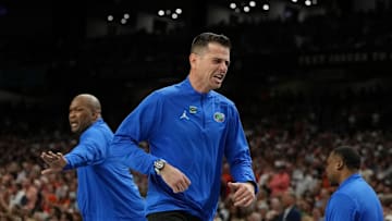 Apr 5, 2025; San Antonio, TX, USA; Florida Gators head coach Todd Golden reacts after a play against the Auburn Tigers during the second half in the semifinals of the men's Final Four of the 2025 NCAA Tournament at the Alamodome. Mandatory Credit: Bob Donnan-Imagn Images