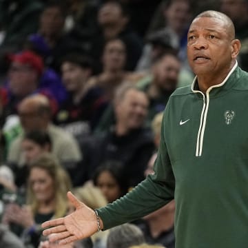 Mar 14, 2024; Milwaukee, Wisconsin, USA;  Milwaukee Bucks head coach Doc Rivers reacts to a call during the first quarter against the Philadelphia 76ers at Fiserv Forum. Mandatory Credit: Jeff Hanisch-USA TODAY Sports
