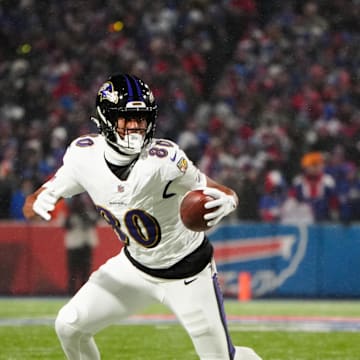 Baltimore Ravens tight end Isaiah Likely runs the ball after making a catch during the first quarter against the Buffalo Bills. Mandatory Credit: Gregory Fisher-Imagn Images