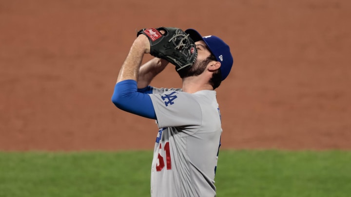 Sep 18, 2020; Denver, Colorado, USA; Los Angeles Dodgers relief pitcher Dylan Floro (51) reacts on the mound in the sixth inning against the Colorado Rockies at Coors Field. Mandatory Credit: Isaiah J. Downing-USA TODAY Sports