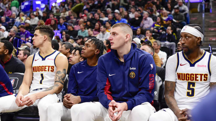 Jan 10, 2024; Salt Lake City, Utah, USA; The Denver Nuggets on the bench against the Utah Jazz during the second half at the Delta Center. Mandatory Credit: Christopher Creveling-USA TODAY Sports