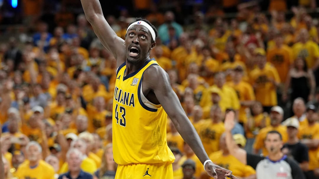 Jun 19, 2025; Indianapolis, Indiana, USA; Indiana Pacers forward Pascal Siakam (43) watches a shot against the Oklahoma City Thunder during the second half of game six of the 2025 NBA Finals between the Oklahoma City Thunder and the Indiana Pacers at Gainbridge Fieldhouse. Mandatory Credit: Kyle Terada-Imagn Images