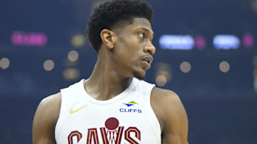 Feb 10, 2025; Cleveland, Ohio, USA; Cleveland Cavaliers forward De'Andre Hunter (12) stands on the court in the first quarter against the Minnesota Timberwolves at Rocket Mortgage FieldHouse. Mandatory Credit: David Richard-Imagn Images