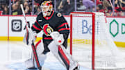 Feb 1, 2025; Ottawa, Ontario, CAN; Ottawa Senators goalie Leevi Merilainen (1) warms up before the second period against the Minnesota Wild at the Canadian Tire Centre. Mandatory Credit: Marc DesRosiers-Imagn Images