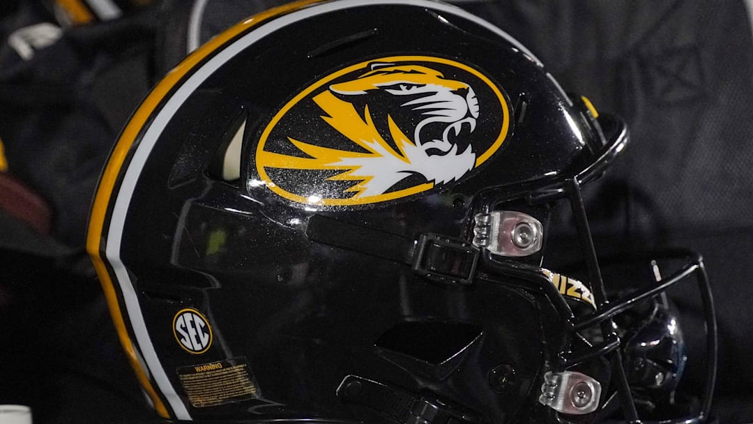 Oct 1, 2022; Columbia, Missouri, USA; A general view of a Missouri Tigers helmet against the Georgia Bulldogs during the game at Faurot Field at Memorial Stadium. Mandatory Credit: Denny Medley-Imagn Images