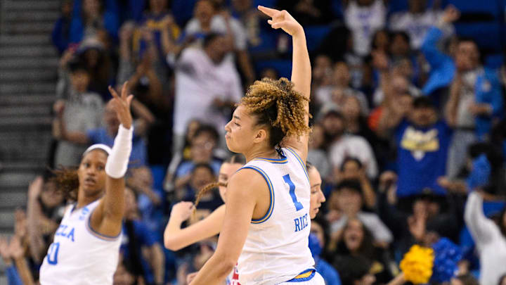 UCLA Bruins guard Kiki Rice celebrates hitting a 3-point basket.