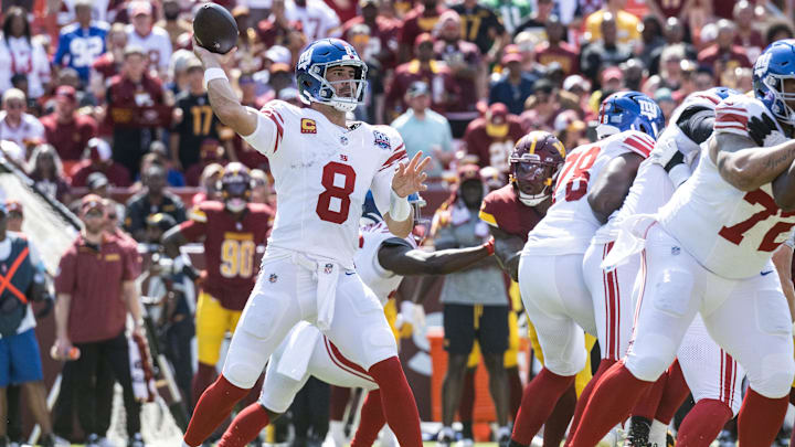 Sep 15, 2024; Landover, Maryland, USA; New York Giants quarterback Daniel Jones (8) drops back to pass in the first half the Washington Commanders at Commanders Field.  