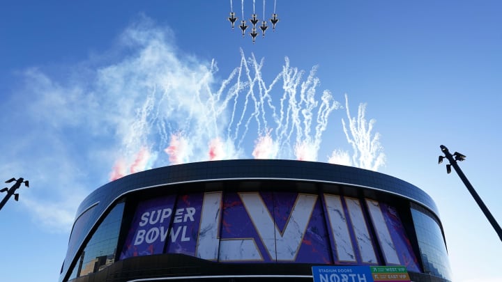 Feb 11, 2024; Paradise, Nevada, USA; A general view as the U.S. Air Force Thunderbirds flyover before Super Bowl LVIII at Allegiant Stadium. Mandatory Credit: James Lang-USA TODAY Sports