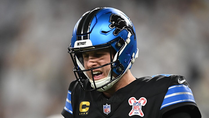 Dec 25, 2025; Minneapolis, Minnesota, USA; Detroit Lions quarterback Jared Goff (16) reacts to throwing an interception against the Minnesota Vikings in the third quarter at U.S. Bank Stadium. Mandatory Credit: Jeffrey Becker-Imagn Images