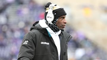 Nov 29, 2025; Manhattan, Kansas, USA; Colorado Buffaloes head coach Deion Sanders looks on during the second quarter against the Kansas State Wildcats at Bill Snyder Family Football Stadium. Mandatory Credit: Scott Sewell-Imagn Images