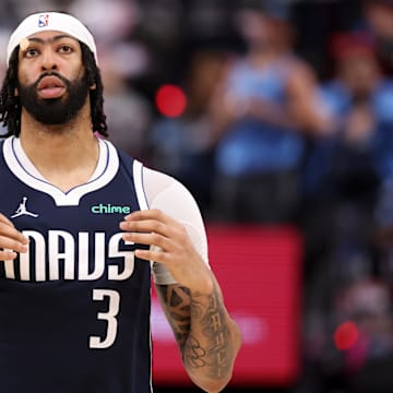 Apr 5, 2025; Inglewood, California, USA;  Dallas Mavericks forward Anthony Davis (3) looks on during the second half against the Los Angeles Clippers at Intuit Dome. Mandatory Credit: Kiyoshi Mio-Imagn Images