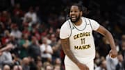 Mar 15, 2025; Washington, D.C., USA; George Mason Patriots forward Jalen Haynes (11) celebrates after dinking the ball in the closing seconds against the Saint Joseph's Hawks in the second half at Capital One Arena. Mandatory Credit: Geoff Burke-Imagn Images