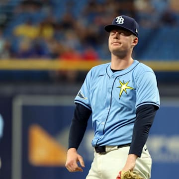 Aug 18, 2024; St. Petersburg, Florida, USA; Tampa Bay Rays pitcher Pete Fairbanks (29) reacts after he gave up a 3-run home run against the Arizona Diamondbacks during the ninth inning at Tropicana Field.