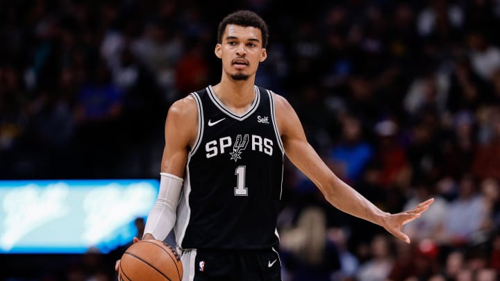 Apr 2, 2024; Denver, Colorado, USA; San Antonio Spurs center Victor Wembanyama (1) dribbles the ball up court in the second quarter against the Denver Nuggets at Ball Arena. Mandatory Credit: Isaiah J. Downing-USA TODAY Sports