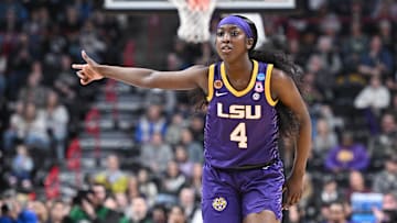 LSU Lady Tigers guard Flau'Jae Johnson reacts after play against the UCLA Bruinsin the Elite 8. 