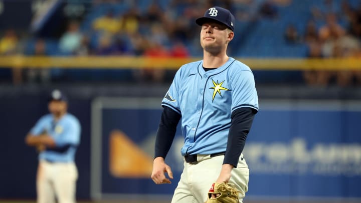 Aug 18, 2024; St. Petersburg, Florida, USA; Tampa Bay Rays pitcher Pete Fairbanks (29) reacts after he gave up a 3-run home run against the Arizona Diamondbacks during the ninth inning at Tropicana Field.