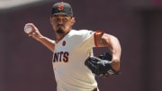 Jun 27, 2024; San Francisco, California, USA; San Francisco Giants starting pitcher Jordan Hicks (12) throws a pitch against the Chicago Cubs during the first inning at Oracle Park